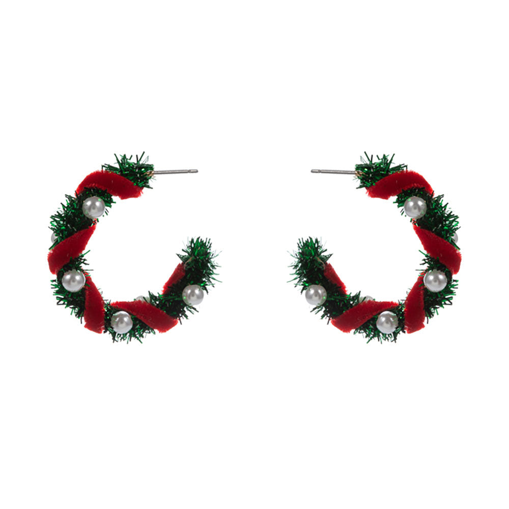 iLLASPARKZ Pearl Accent Holiday Tinsel Hoop Earrings