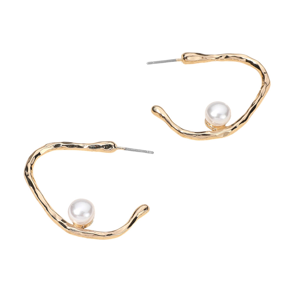 iLLASPARKZ SECRET BOX_14K Gold Dipped Pearl Pointed Hammered Metal Hoop Earrings