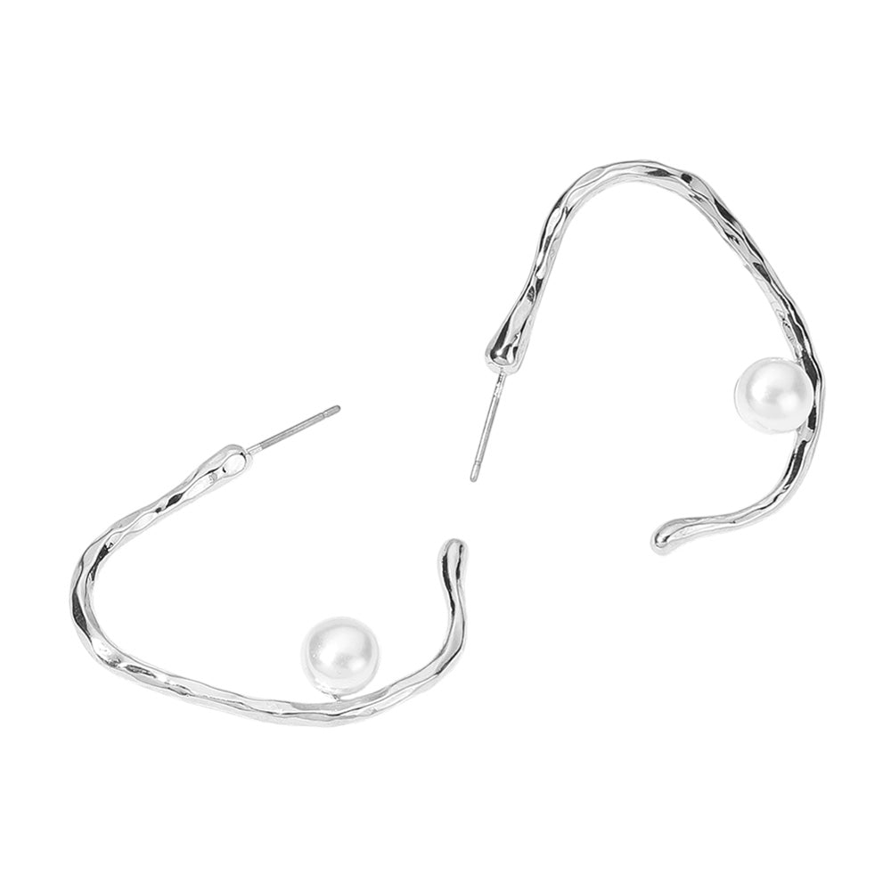 iLLASPARKZ SECRET BOX_Sterling Silver Dipped Pearl Pointed Hammered Metal Hoop Earrings