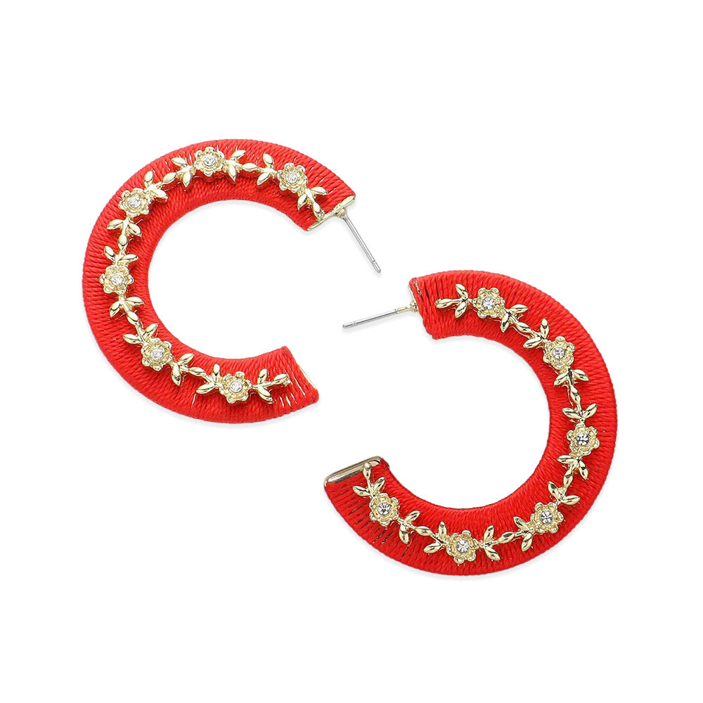 iLLASPARKZ Thread Wrapped Rhinestone Flower Embellished Hoop Earrings