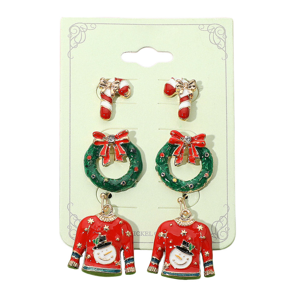 iLLASPARKZ 3Pairs - Enamel Christmas Candy Cane Wreath Sweater Earring Set