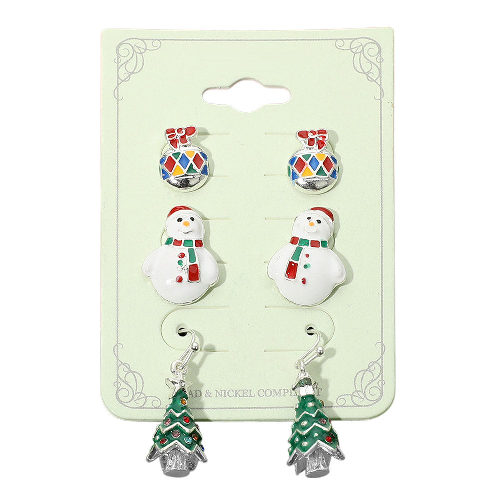 iLLASPARKZ 3Pairs - Enamel Christmas Ornament Snowman Tree Earring Set