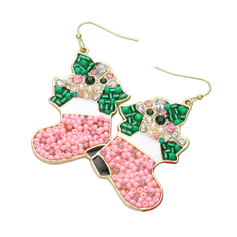 iLLASPARKZ Pearl Stone Seed Beads Embellished Christmas Boots Dangle Earrings