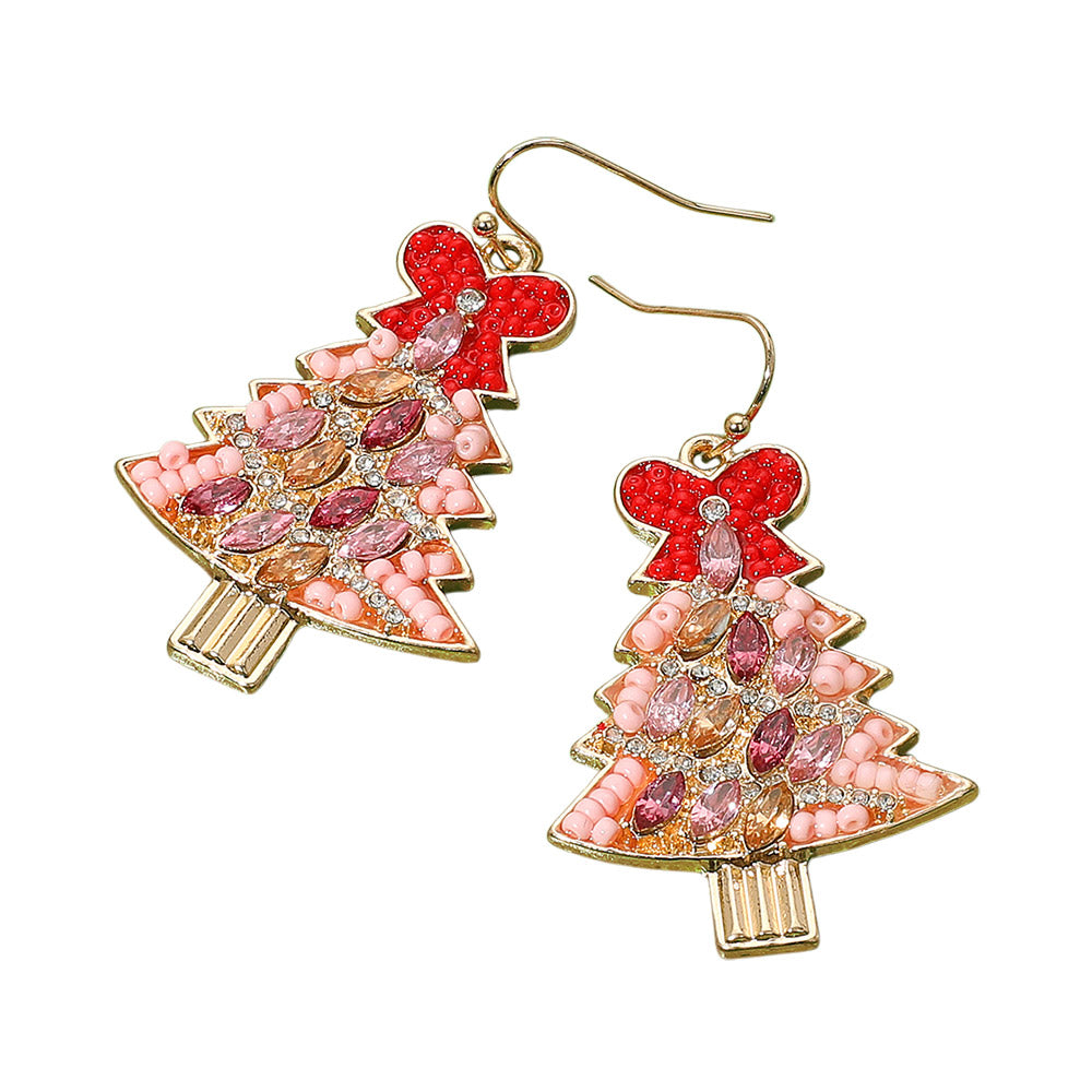 iLLASPARKZ Marquise Stone Seed Bead Bow Detailed Christmas Tree Dangle Earrings