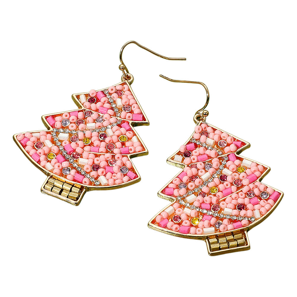 iLLASPARKZ Stone Seed Bead Detailed Christmas Tree Dangle Earrings