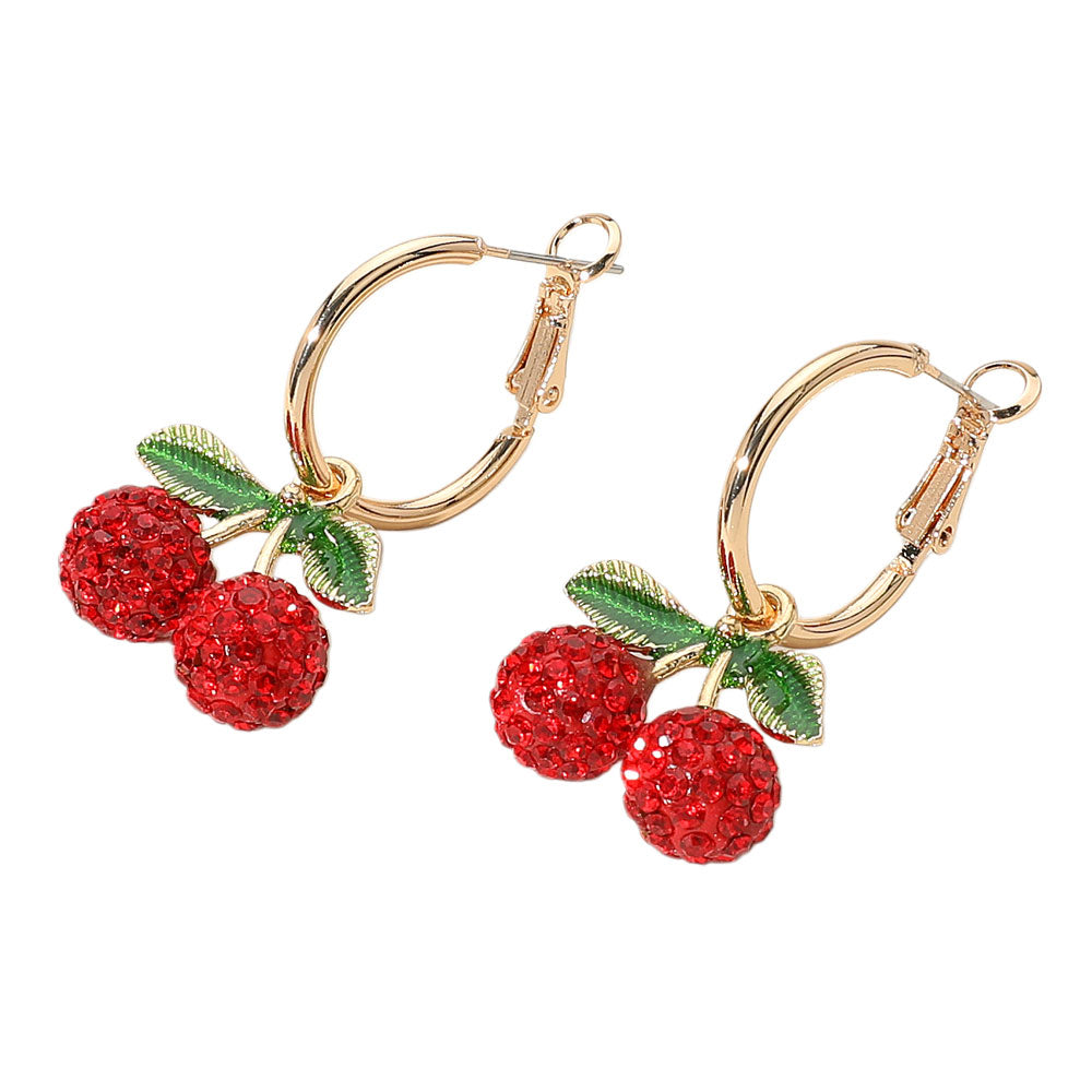 iLLASPARKZ Stone Paved Cherry Charm Hoop Earrings