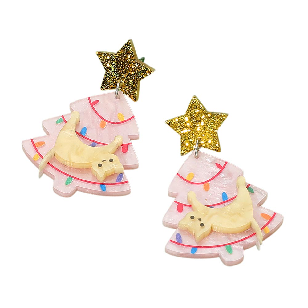 iLLASPARKZ Glittered Star Pink Christmas Tree Cat Earrings
