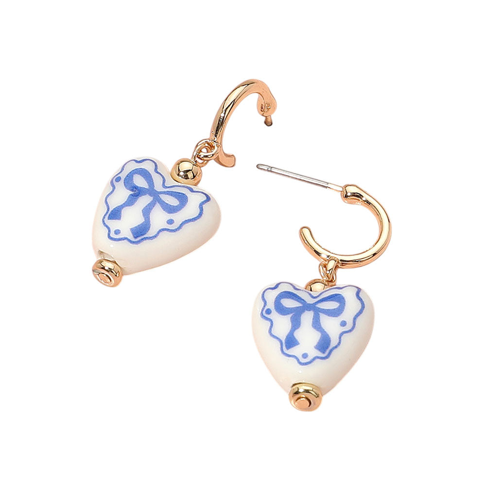 iLLASPARKZ Bow Printed Heart Ceramic Charm Dangle Earrings