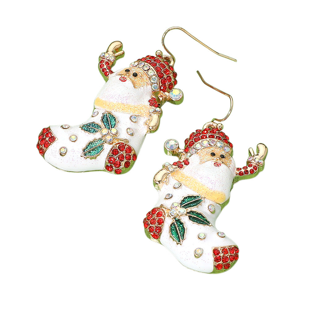 iLLASPARKZ Glittered Enamel Santa Christmas Socks Dangle Earrings