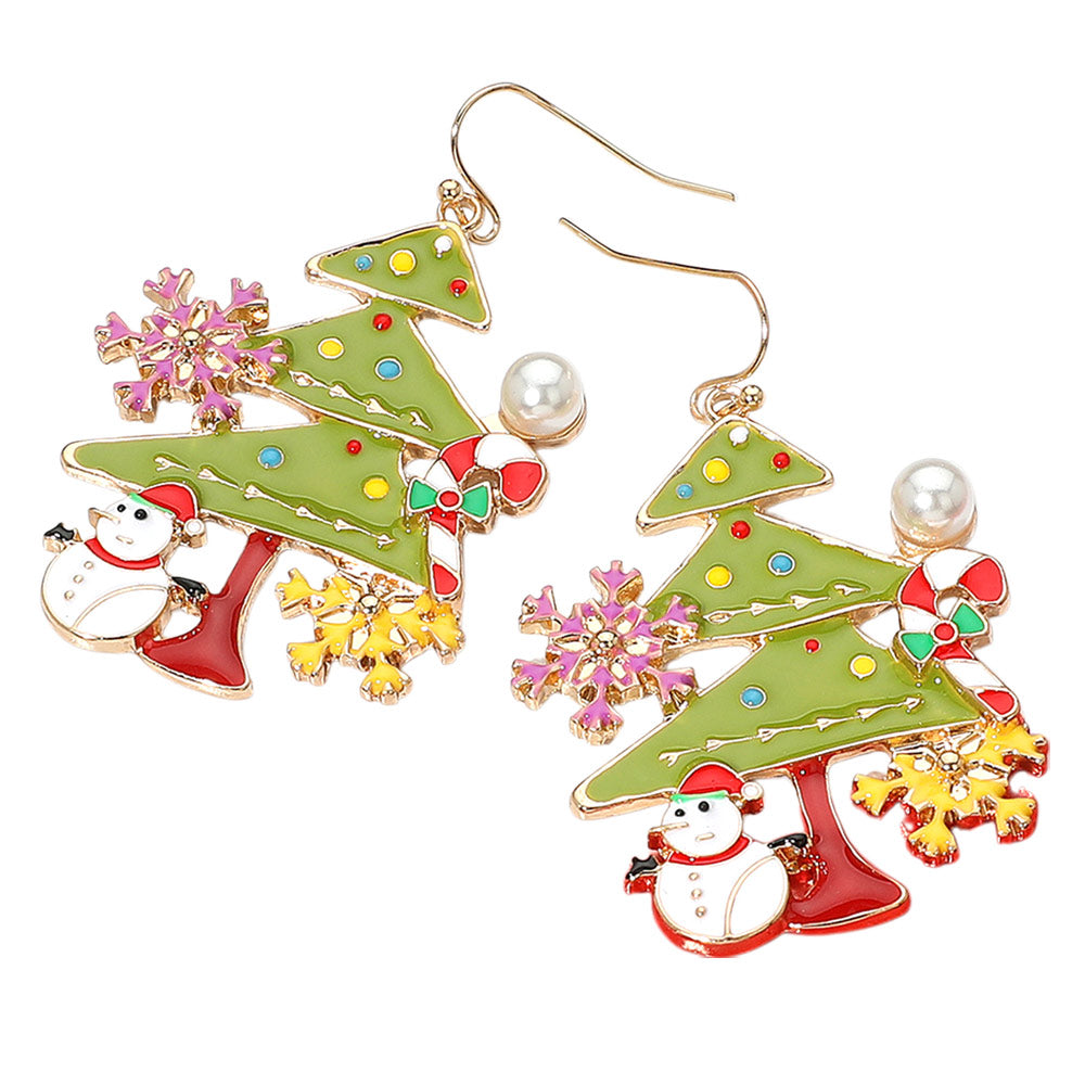 iLLASPARKZ Pearl Accent Snowman Snowflake Enamel Christmas Tree Dangle Earrings