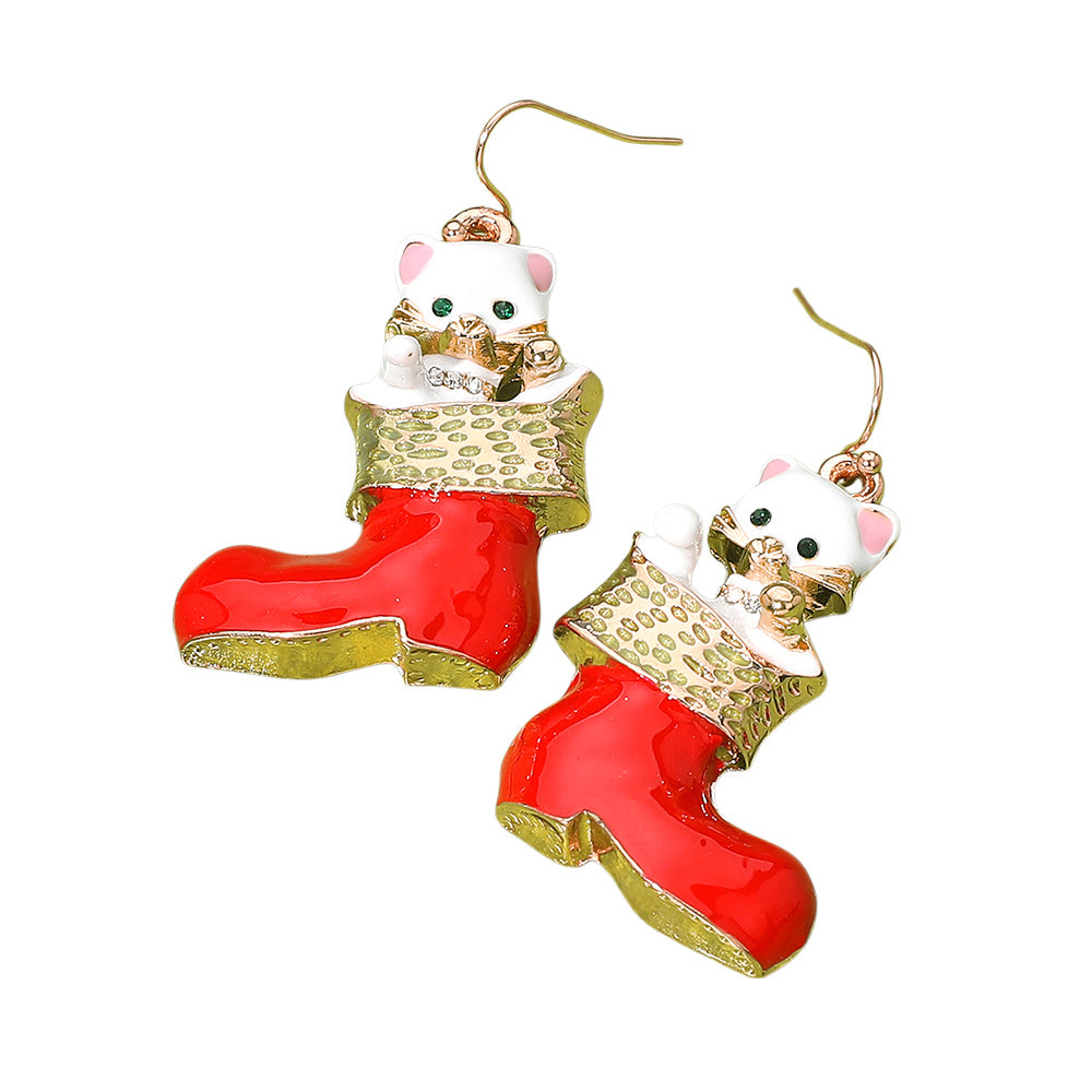 iLLASPARKZ Enamel Christmas Socks Cat Dangle Earrings