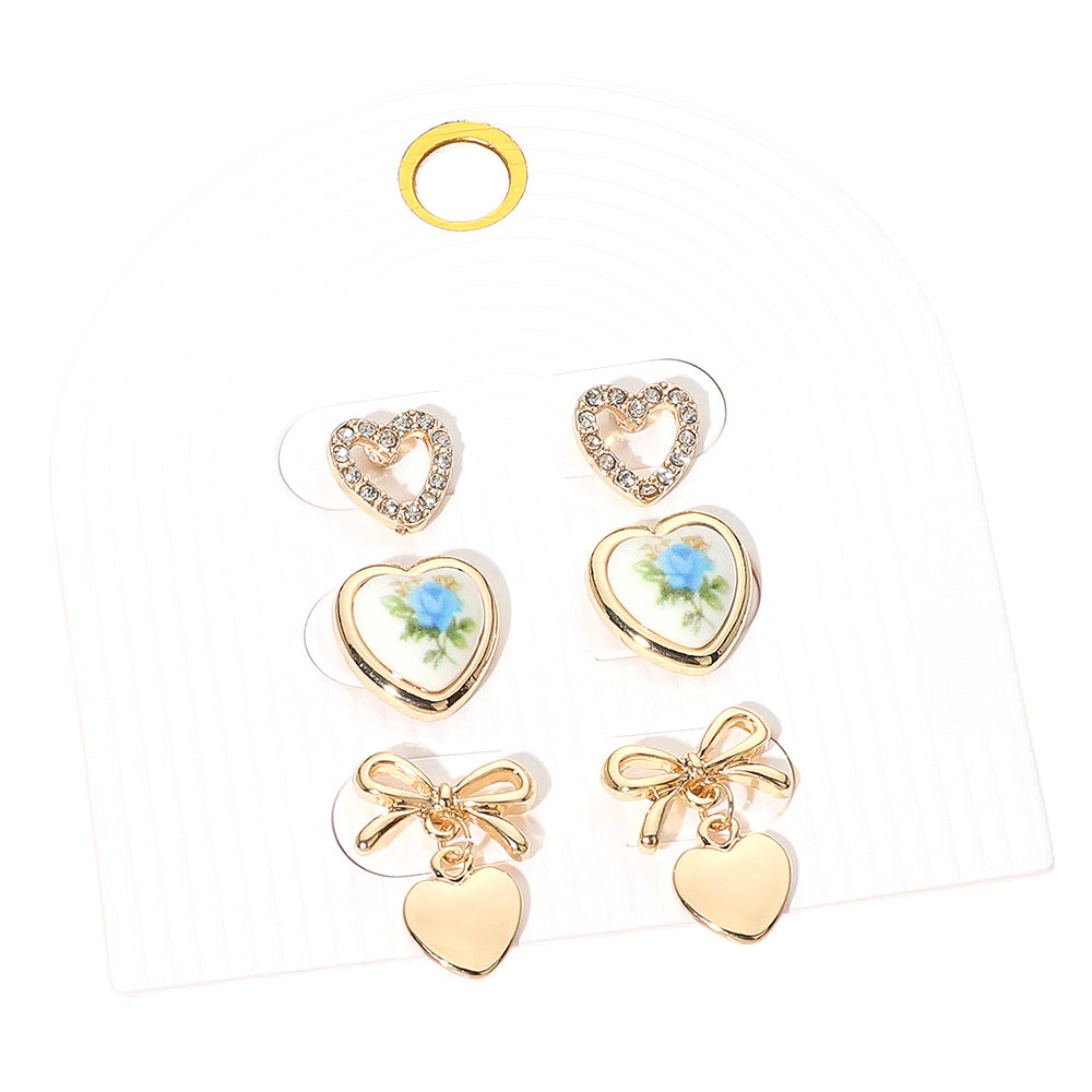 iLLASPARKZ 3Pairs - Stone Paved Open Heart Floral Ceramic Heart Metal Bow Heart Dangle Earring Set