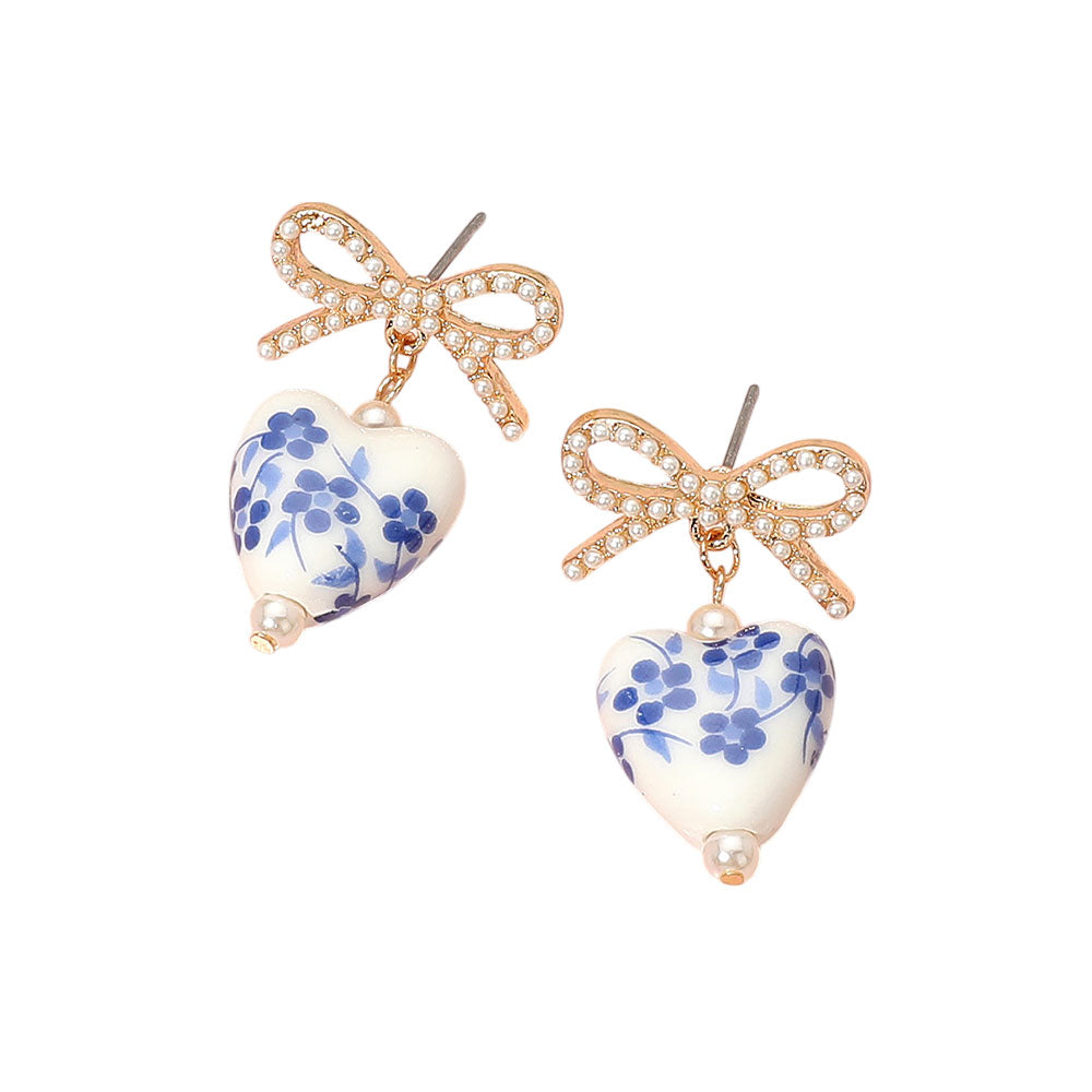 iLLASPARKZ Floral Heart Ceramic Charm Dangle Pearl Bow Earrings