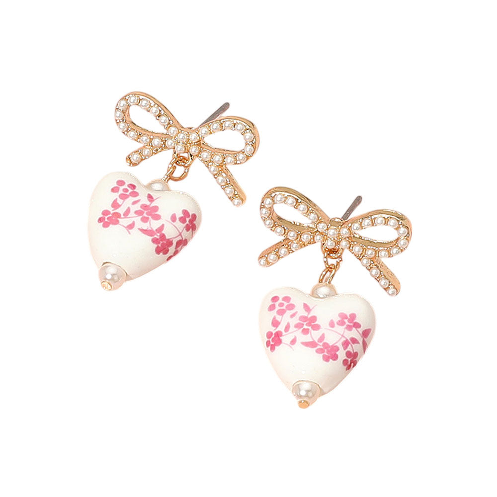 iLLASPARKZ Floral Heart Ceramic Charm Dangle Pearl Bow Earrings