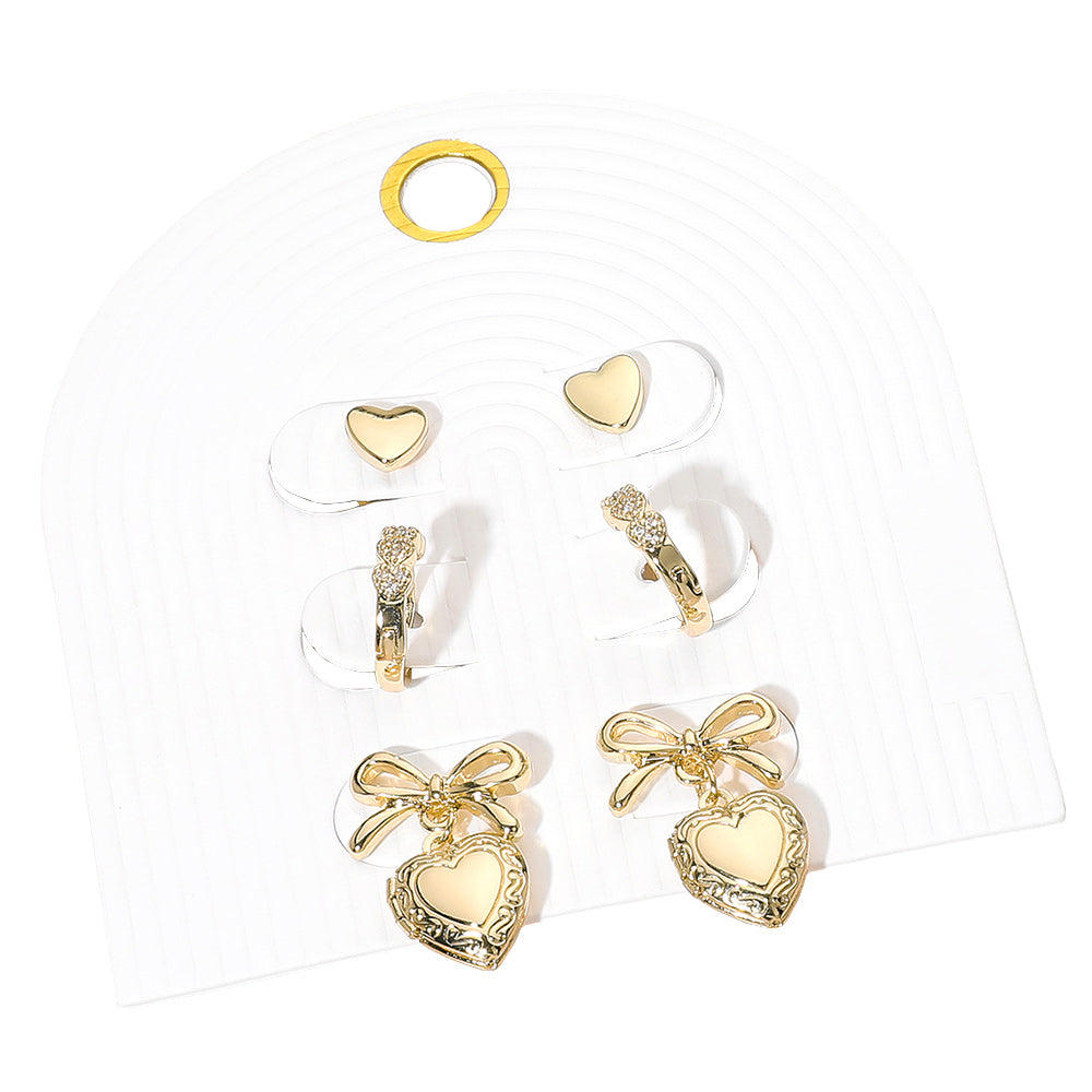 iLLASPARKZ 3Pairs - Metal Heart Stud Triple Stone Paved Heart Huggie Mini Hoop Bow Metal Heart Locket Dangle Earring Set