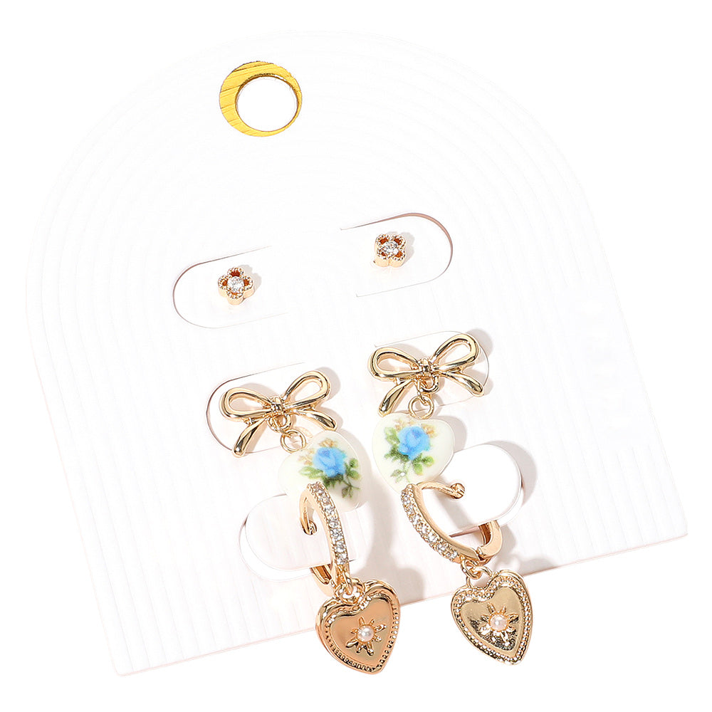 iLLASPARKZ 3Pairs - Stone Cluster Metal Bow Floral Ceramic Heart Dangle Mearl Heart Dangle Earring Set