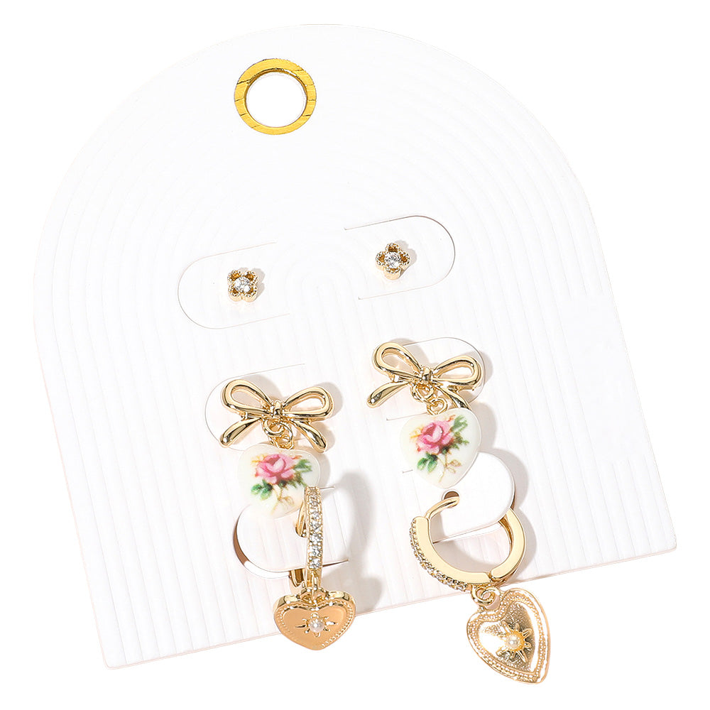 iLLASPARKZ 3Pairs - Stone Cluster Metal Bow Floral Ceramic Heart Dangle Mearl Heart Dangle Earring Set