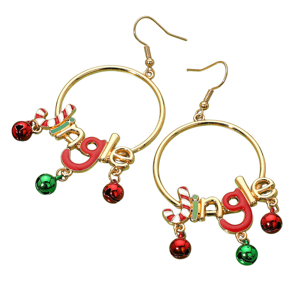 iLLASPARKZ Enamel Candy Cane JINGLE Message Christmas Bell Embellished Hoop Dangle Earrings