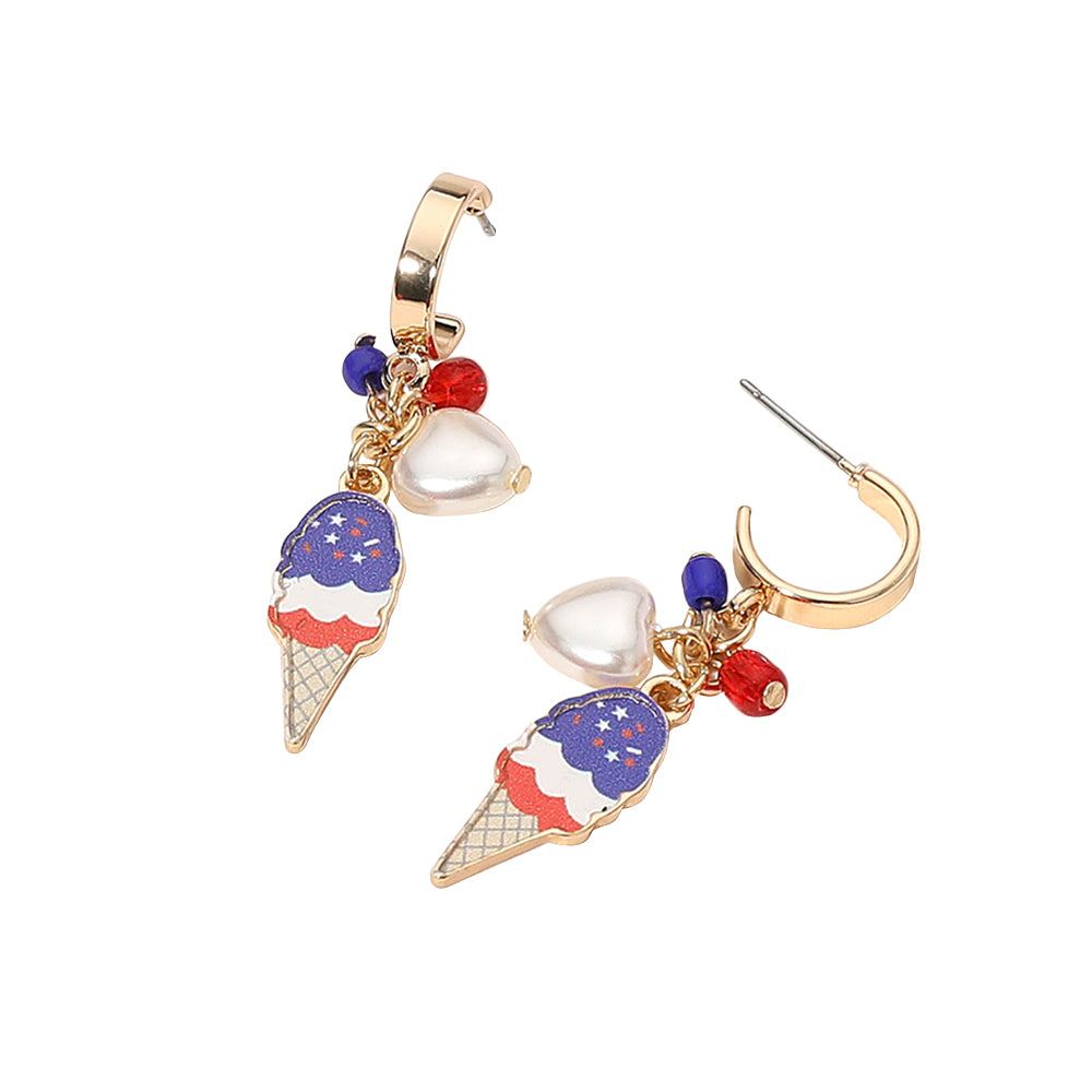 iLLASPARKZ Enamel American USA Flag Ice Cream Cone Pearl Heart Beads Charm Dangle Earrings
