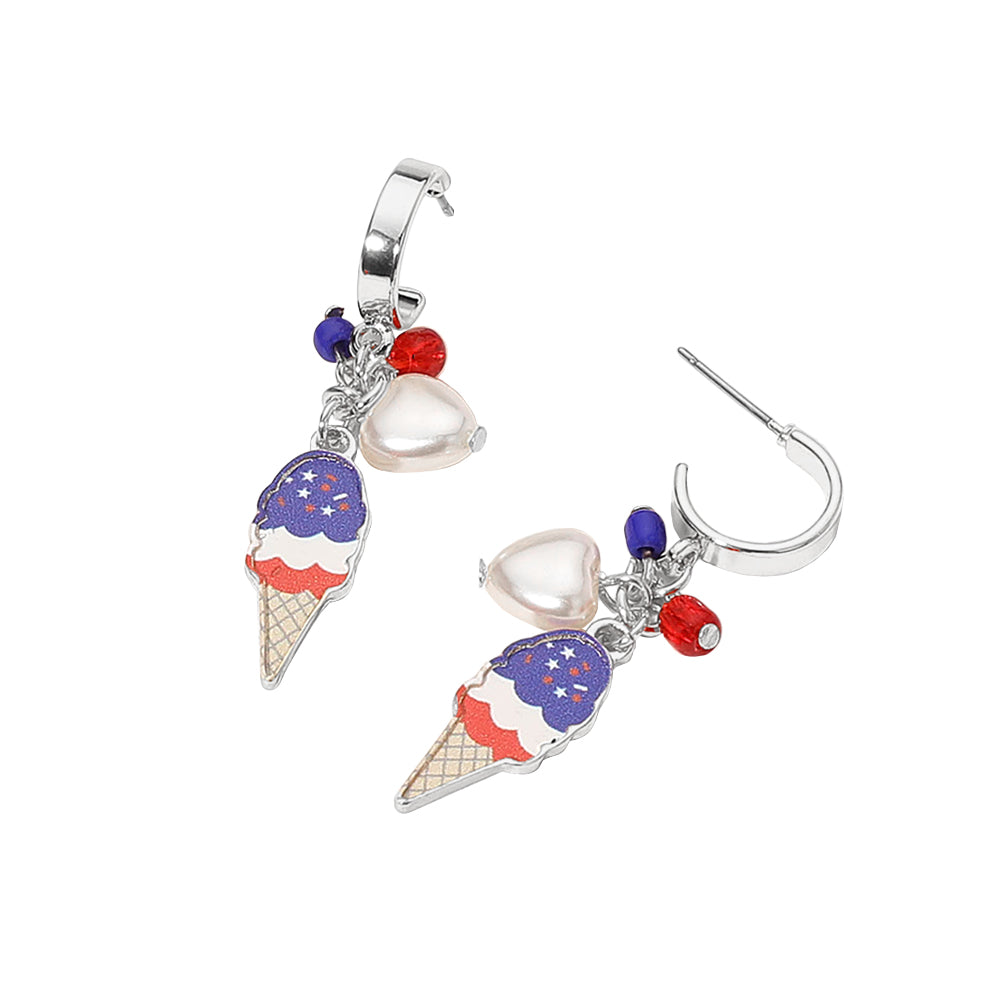 iLLASPARKZ Enamel American USA Flag Ice Cream Cone Pearl Heart Beads Charm Dangle Earrings