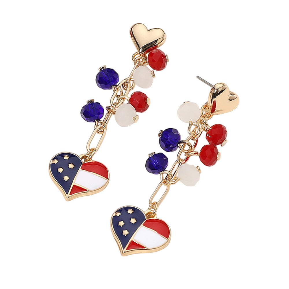 iLLASPARKZ Enamel American USA Flag Heart Beaded Drop Chain Dangle Earrings