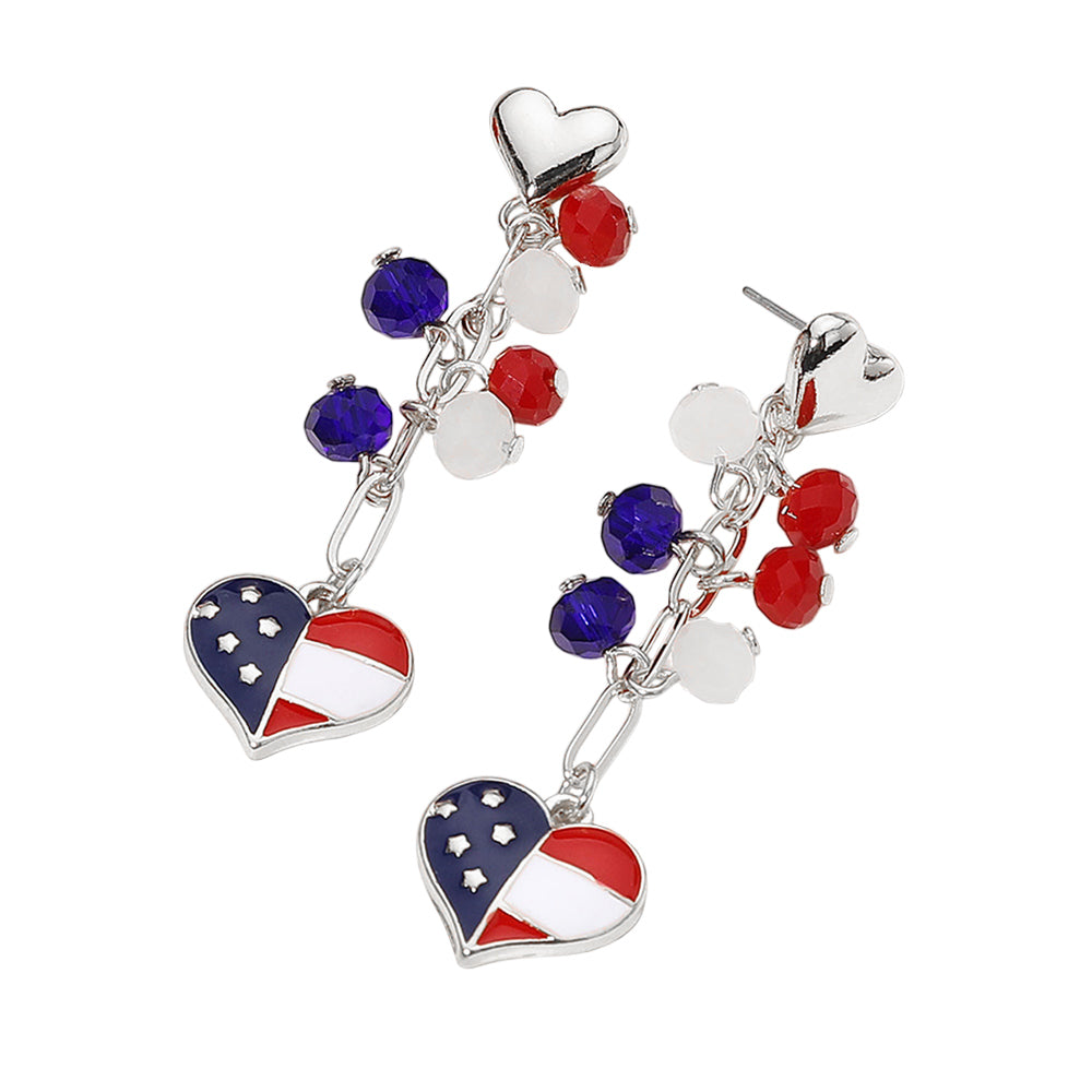 iLLASPARKZ Enamel American USA Flag Heart Beaded Drop Chain Dangle Earrings