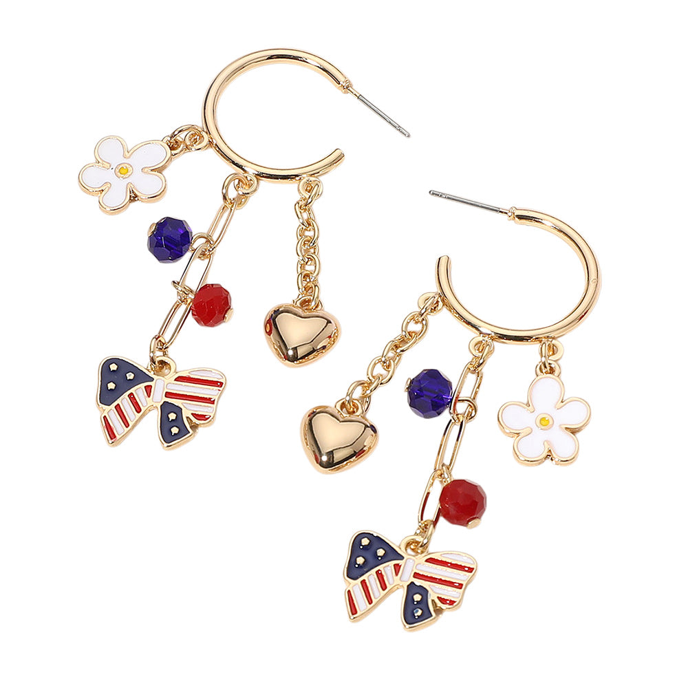 iLLASPARKZ Enamel American USA Flag Bow Flower Metal Heart Drop Dangle Earrings