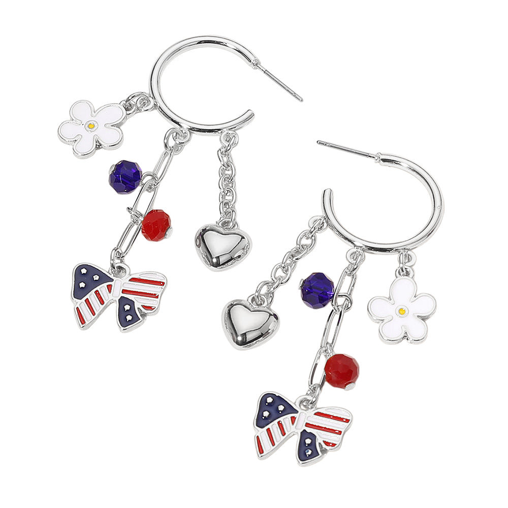 iLLASPARKZ Enamel American USA Flag Bow Flower Metal Heart Drop Dangle Earrings