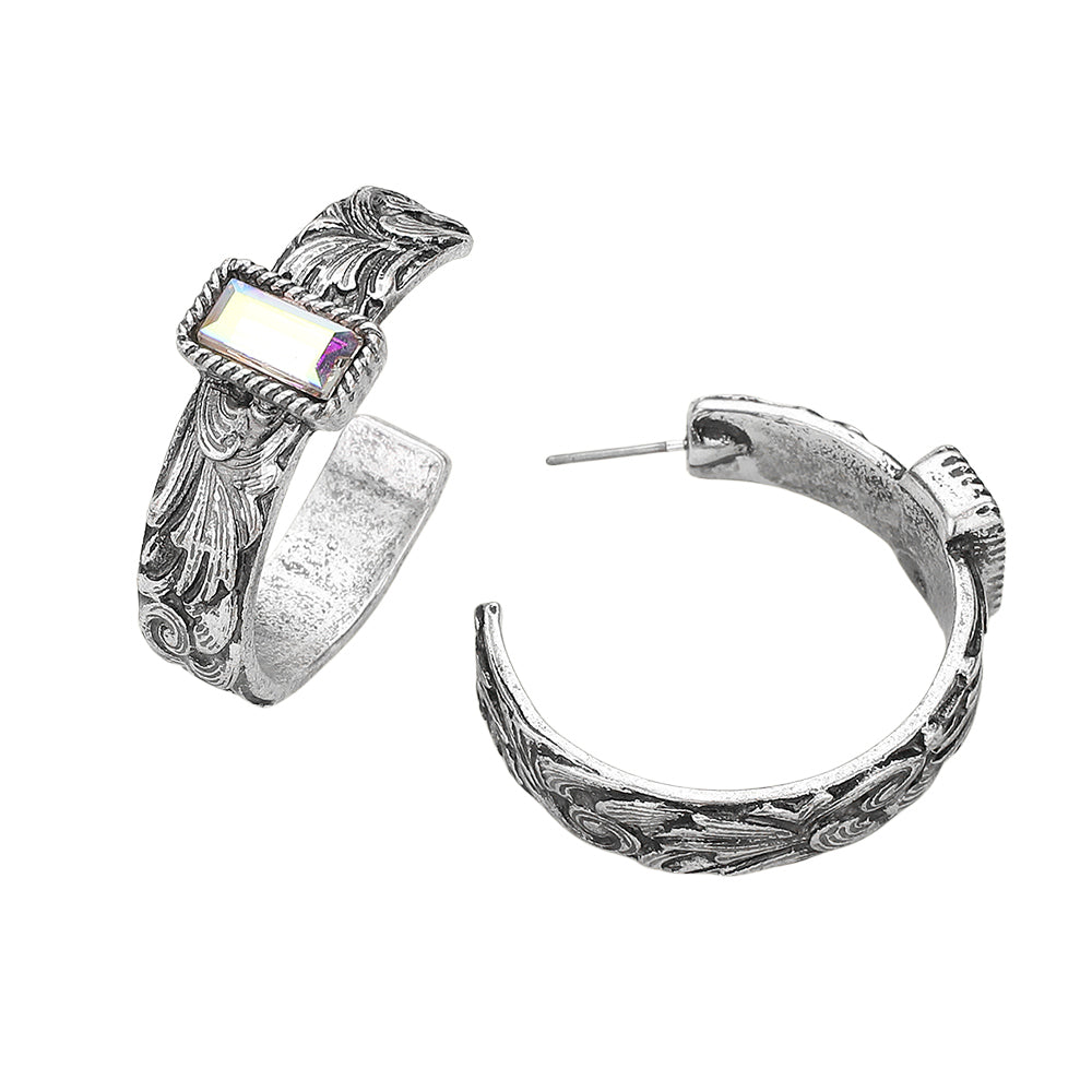 iLLASPARKZ Rectangle Stone Pointed Antique Metal Western Hoop Earrings
