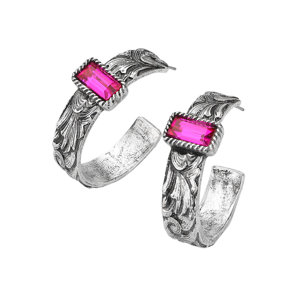iLLASPARKZ Rectangle Stone Pointed Antique Metal Western Hoop Earrings