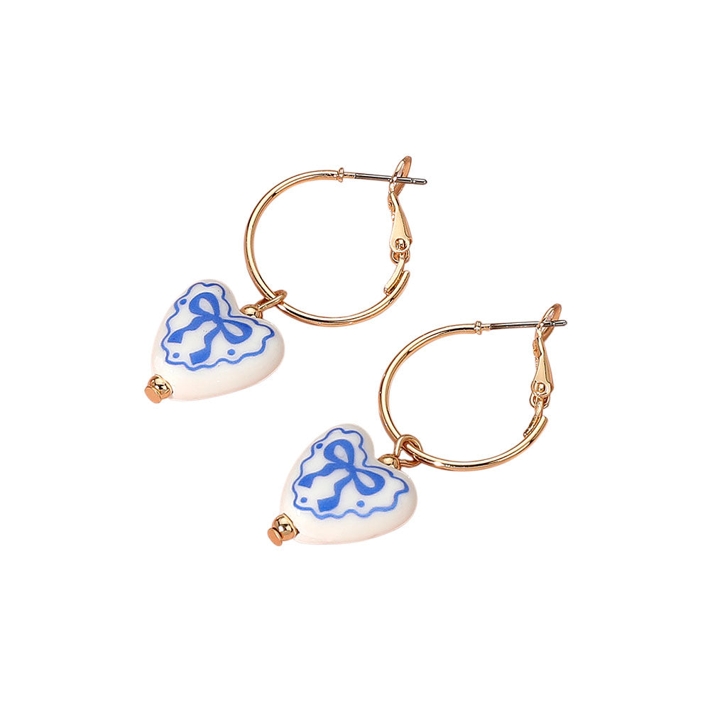 iLLASPARKZ Bow Printed Ceramic Heart Dangle Hoop Earrings