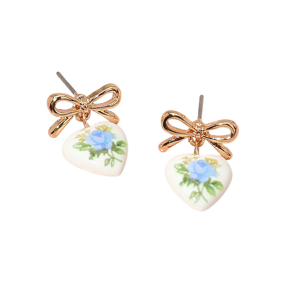 iLLASPARKZ Floral Heart Ceramic Dangle Bow Earrings