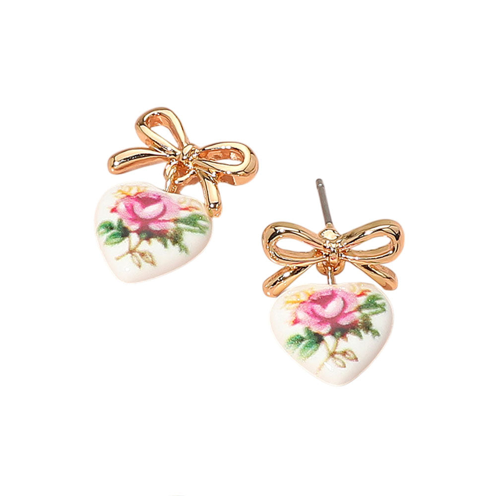 iLLASPARKZ Floral Heart Ceramic Dangle Bow Earrings