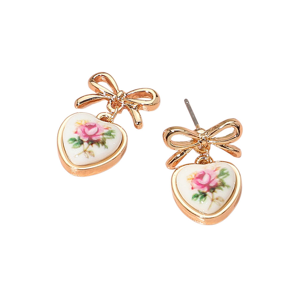 iLLASPARKZ Floral Heart Ceramic Bezel Dangle Bow Earrings
