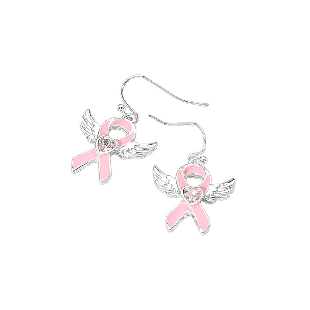iLLASPARKZ Heart Stone Point Enamel Pink Ribbon Angel Wing Dangle Earrings