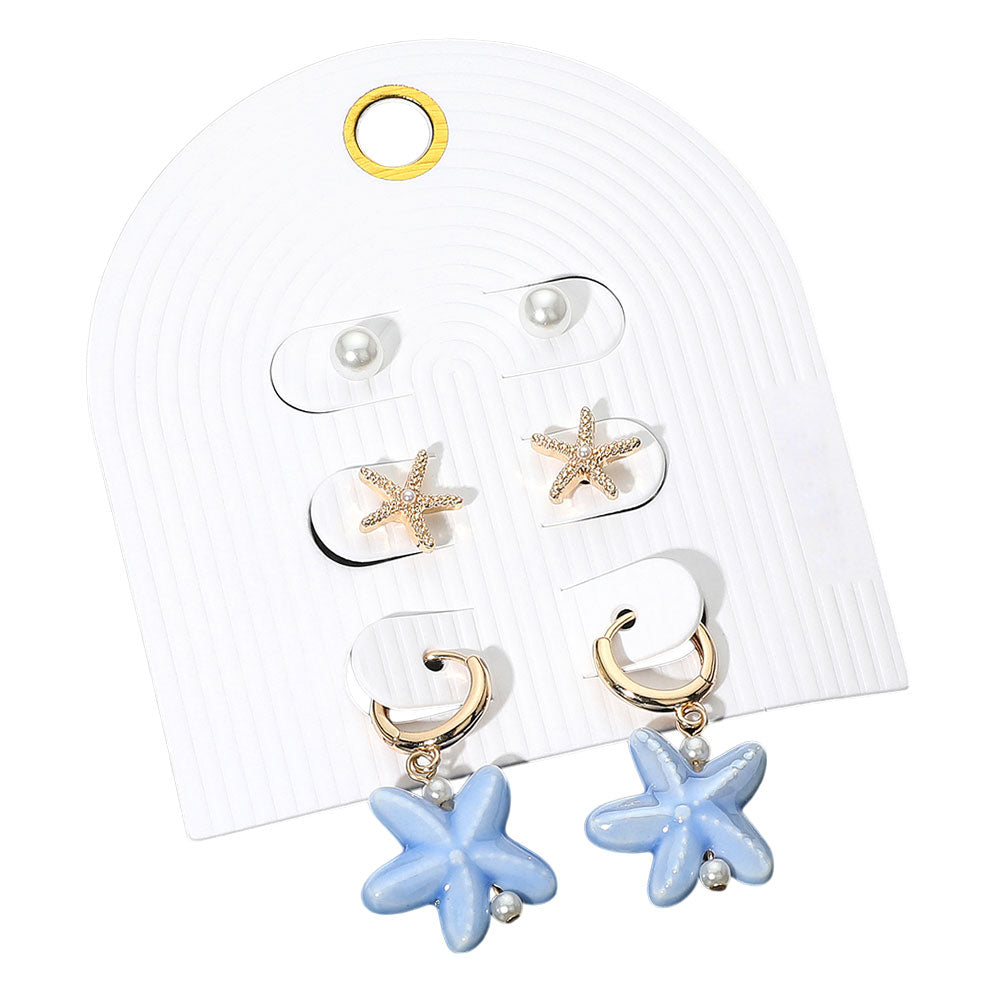 iLLASPARKZ 3Pairs - Pearl Metal Starfish Stud Ceramic Dangle Earring Set