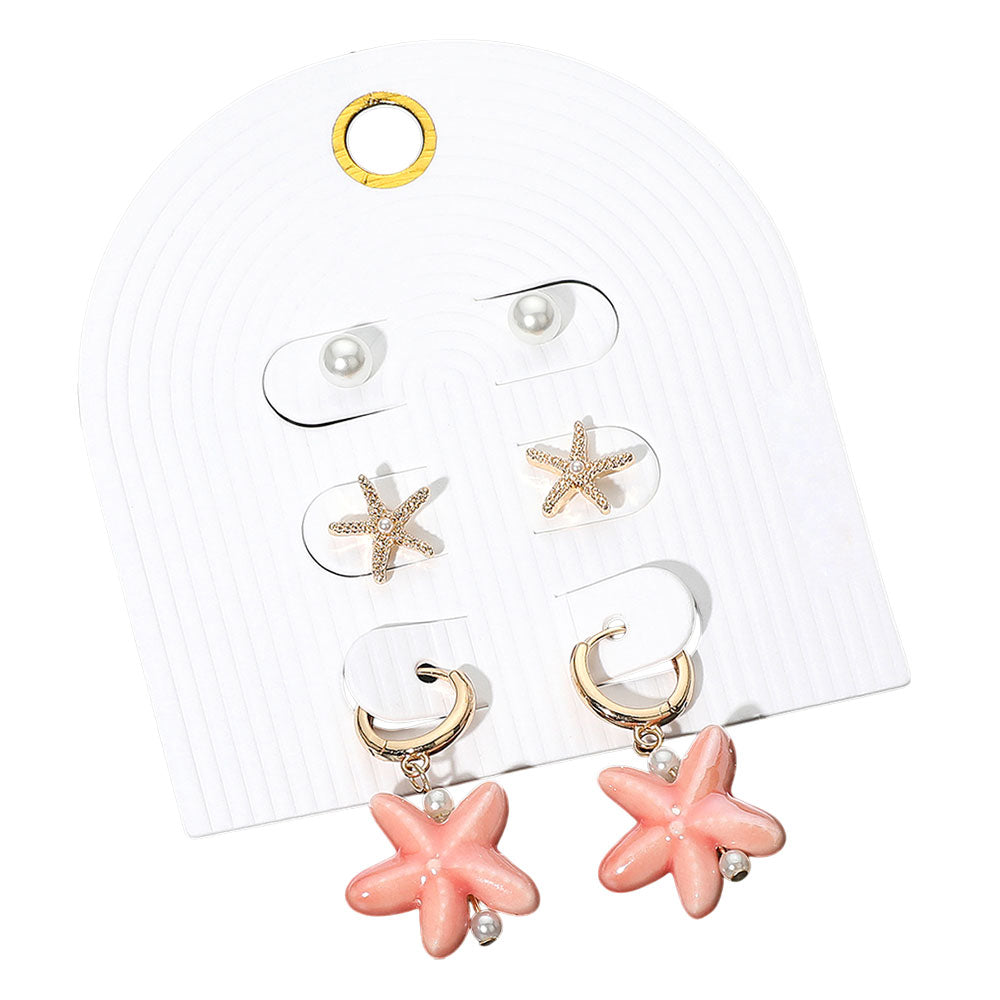 iLLASPARKZ 3Pairs - Pearl Metal Starfish Stud Ceramic Dangle Earring Set