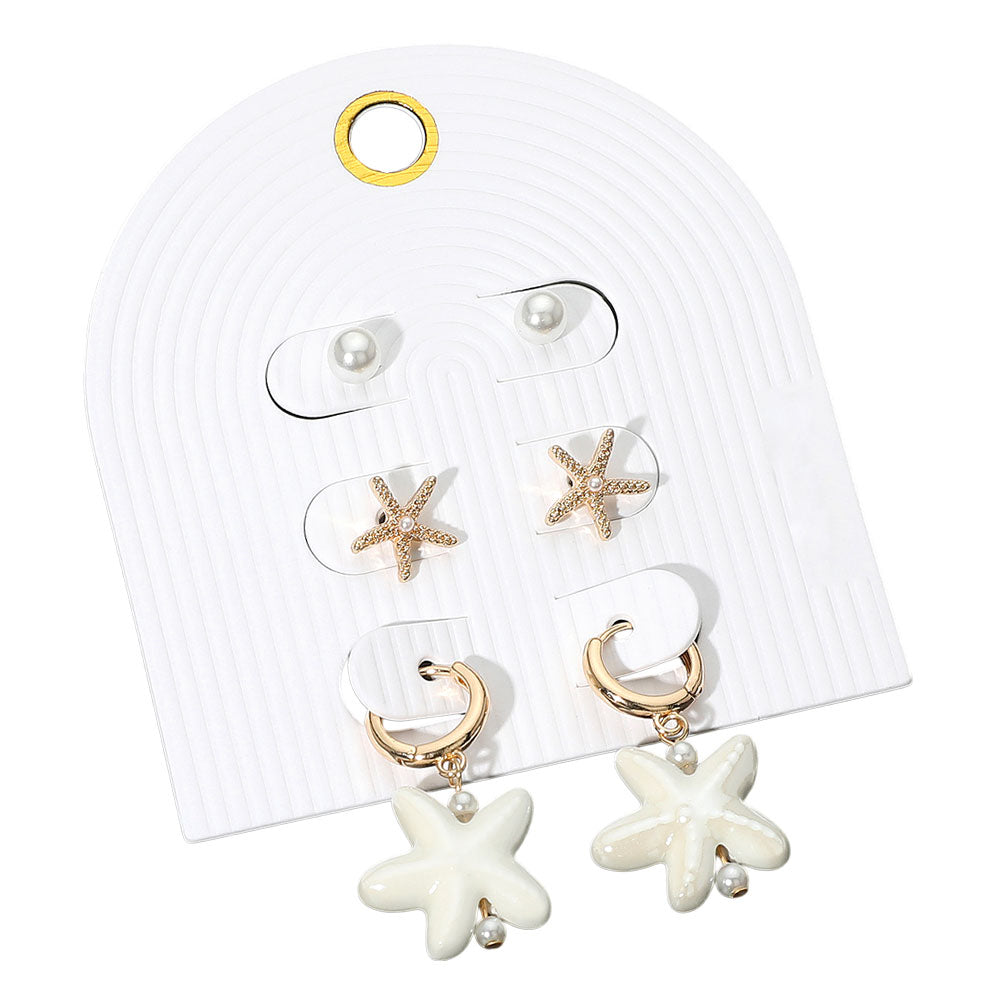 iLLASPARKZ 3Pairs - Pearl Metal Starfish Stud Ceramic Dangle Earring Set