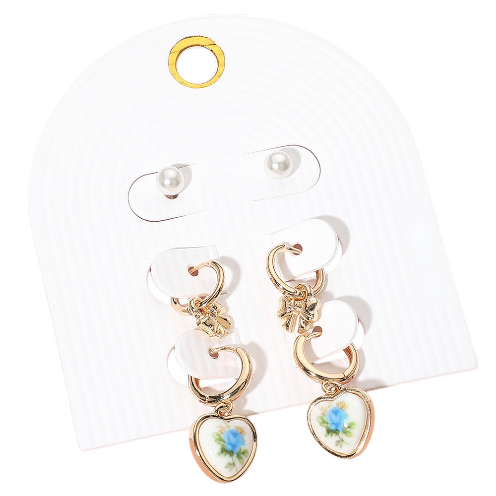 iLLASPARKZ 3Pairs - Pearl Stud Metal Bow Dangle Floral Ceramic Heart Dangle Earring Set