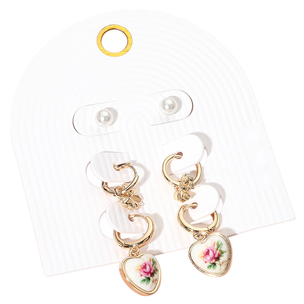 iLLASPARKZ 3Pairs - Pearl Stud Metal Bow Dangle Floral Ceramic Heart Dangle Earring Set
