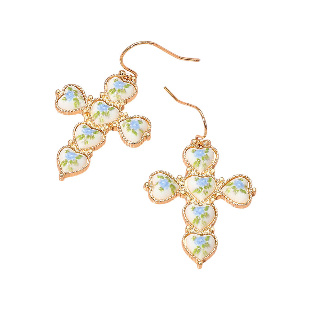 iLLASPARKZ Heart Floral Ceramic Bezel Cross Dangle Earrings