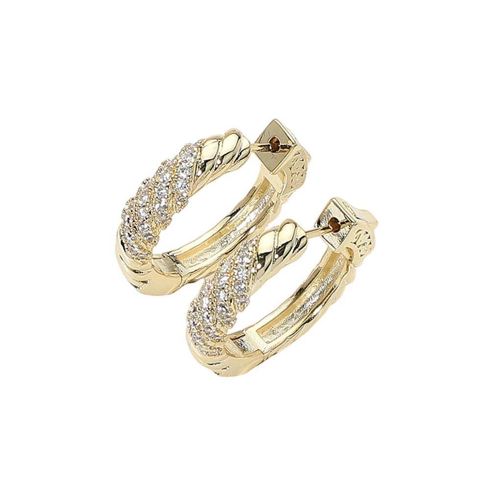 iLLASPARKZ 14K Gold Plated CZ Stone Paved Twisted Huggie Hoop Earrings