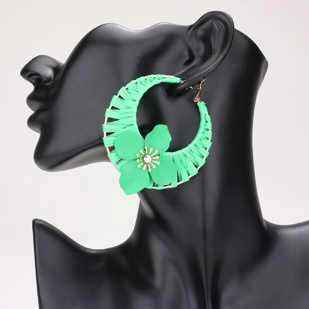 iLLASPARKZ Flower Accented Raffia Wrapped Hoop Earrings