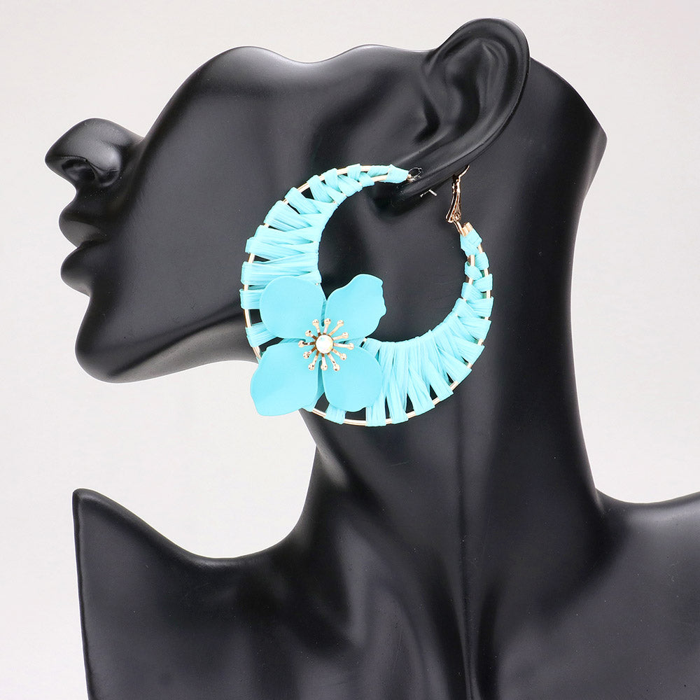 iLLASPARKZ Flower Accented Raffia Wrapped Hoop Earrings