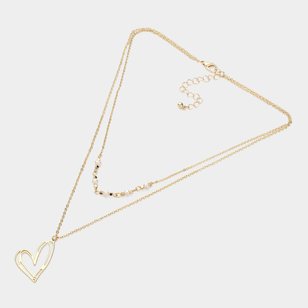 iLLASPARKZ Pearl Pointed Metal Heart Pendant Double Layered Necklace