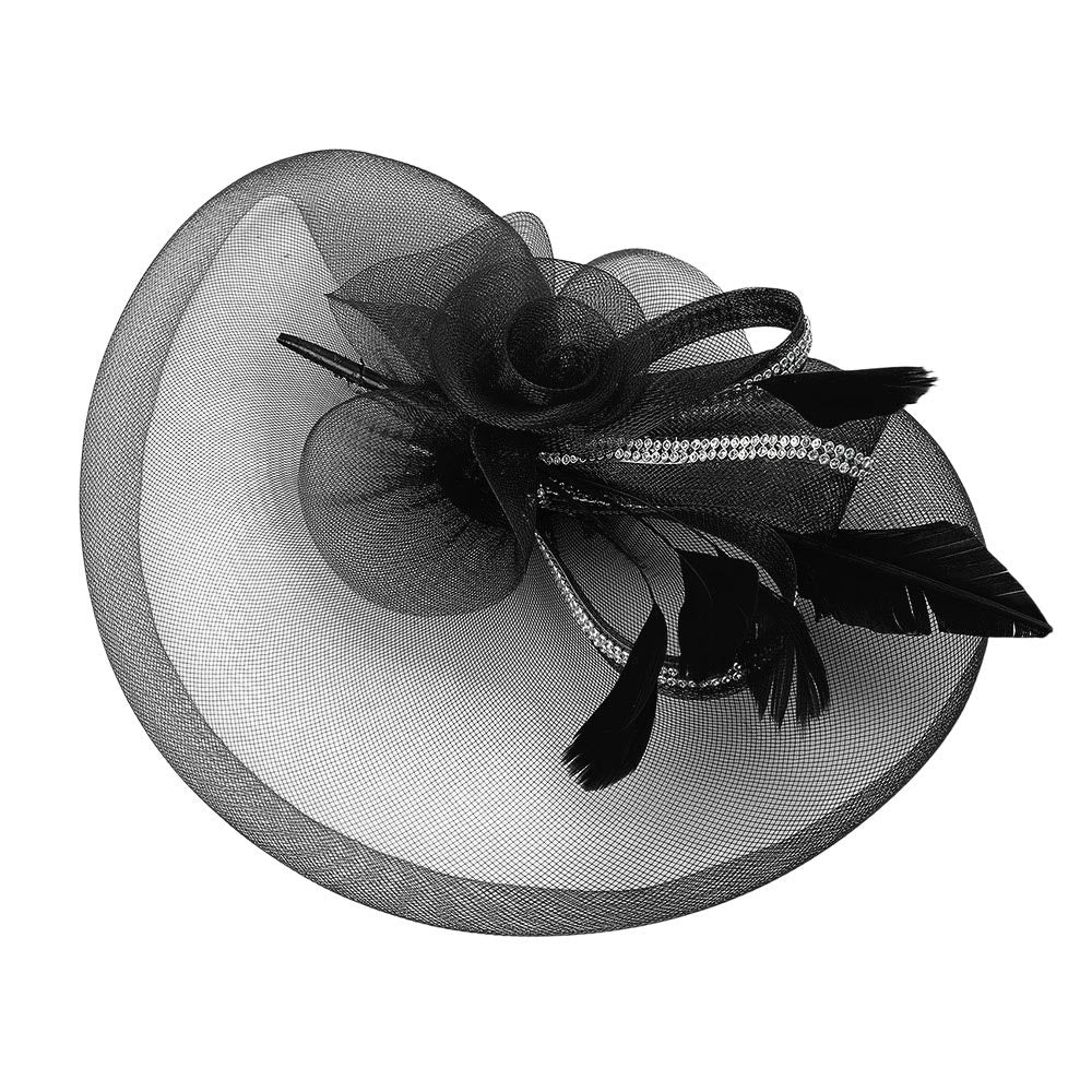 iLLASPARKZ Rhinestone Rim Mesh Bow Flower Feather Pointed Fascinator / Headband