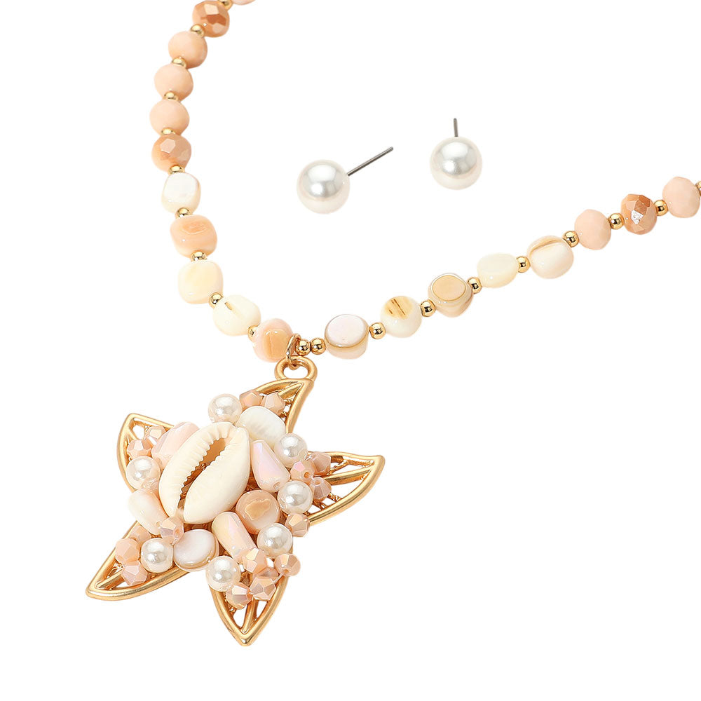 iLLASPARKZ Pearl Sea Shell Beaded Starfish Pendant Statement Necklace
