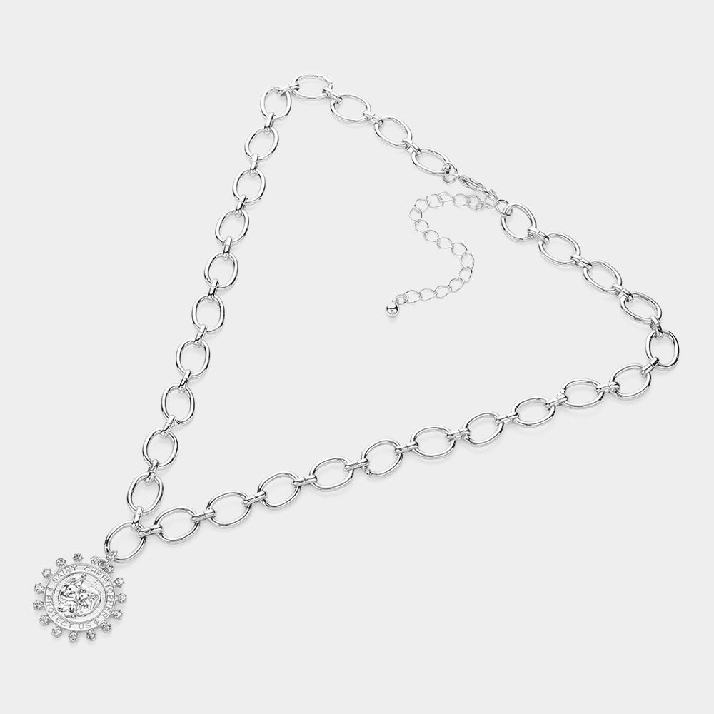 iLLASPARKZ Stone Pointed Saint Christopher Protect Us Pendant Link Chain Necklace