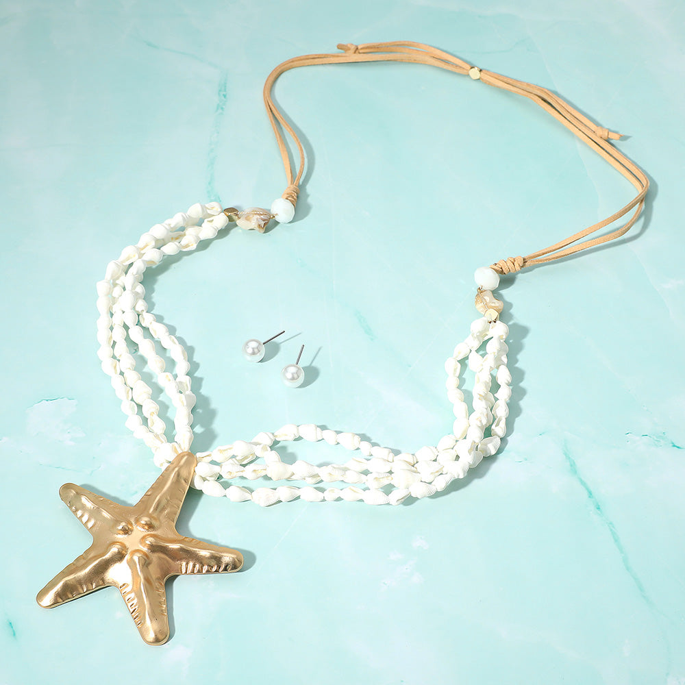 iLLASPARKZ Brushed Metal Starfish Pendant Pointed Layered Puka Shell Beaded Adjustable Necklace