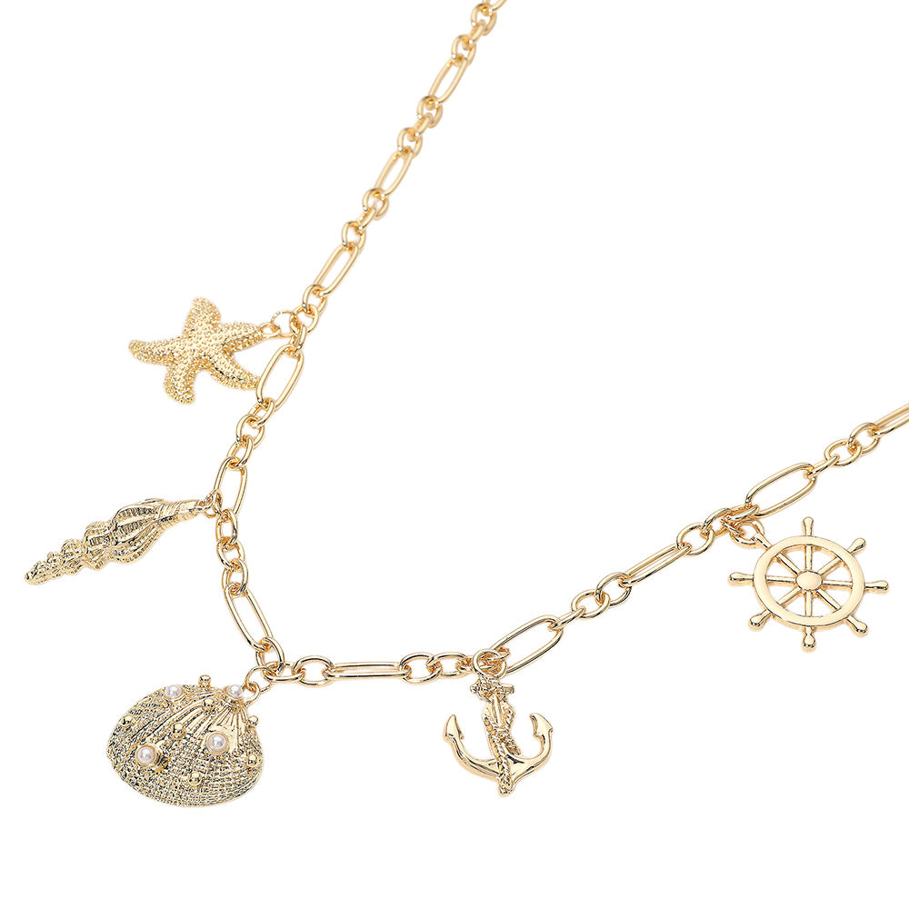 iLLASPARKZ Pearl Embellished Metal Seashell Starfish Puka Shell Anchor Wheel Charm Station Necklace